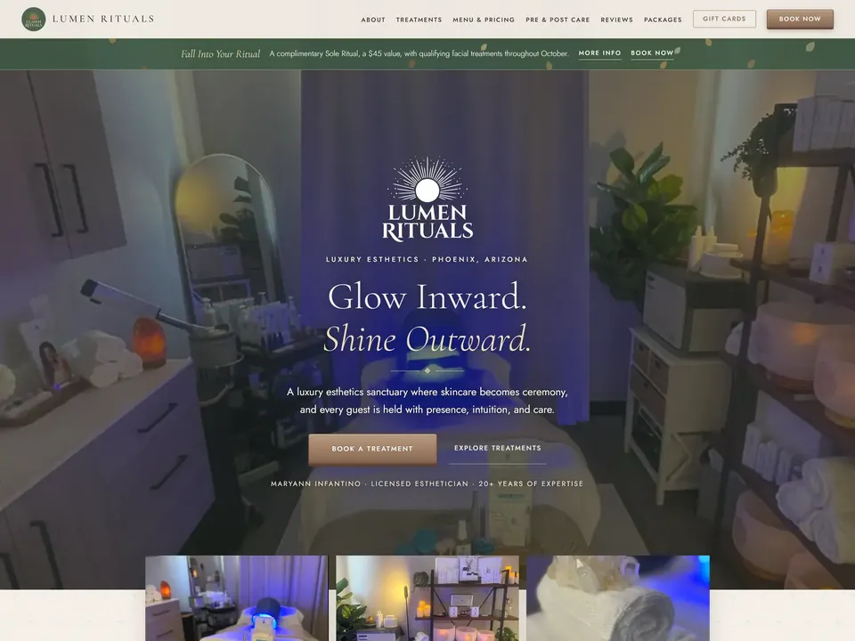 Lumen Rituals homepage: the studio sanctuary and treatment menu
