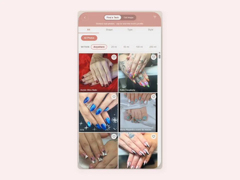 The My Nail Connection app: browse real nail work by shape, type and style, then book the tech