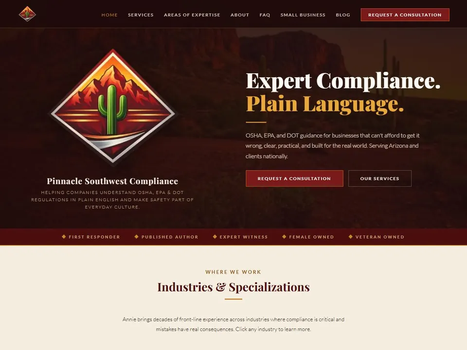 Pinnacle Southwest Compliance homepage: Expert Compliance. Plain Language.
