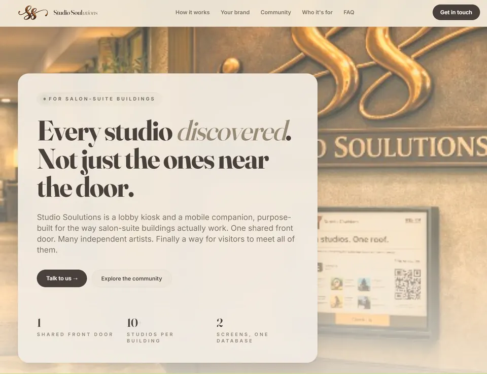Salon Plus Studios running Studio Soulutions: find who you are here to see, and their suite lights up on the map