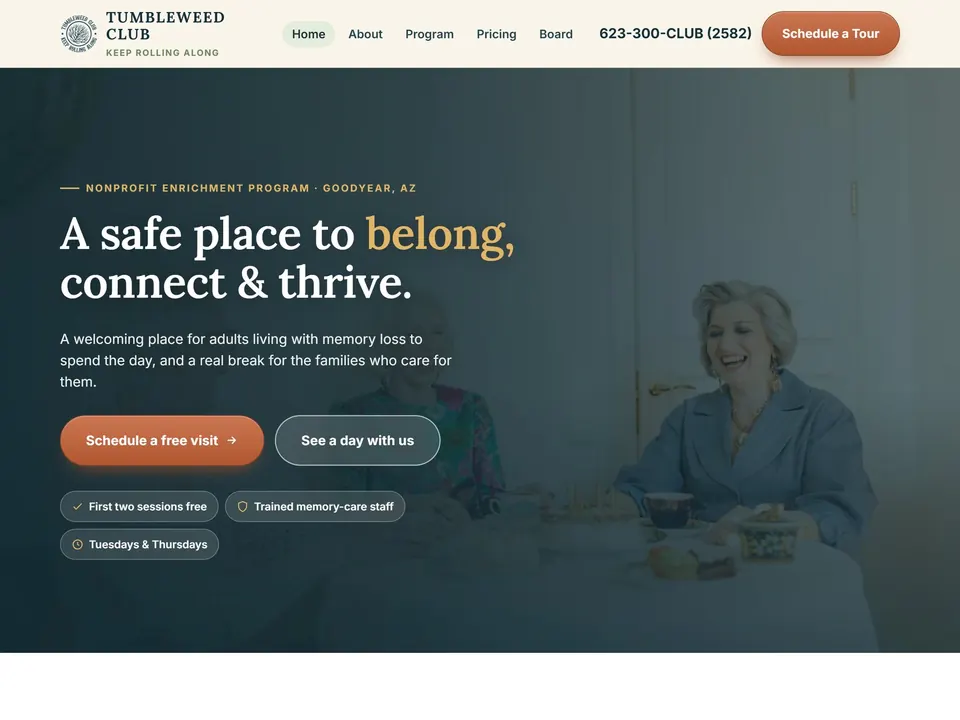 Tumbleweed Club homepage: a safe place to belong, connect and thrive